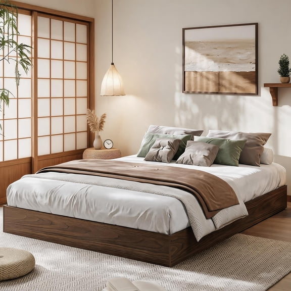Full Wood Platform Bed Frame - Low Profile Wooden Bed Frame Without Headboard, Walnut Floor-Standing Platform Base with Sturdy Wood Slat Support, No Box Spring Needed & Easy Assembly