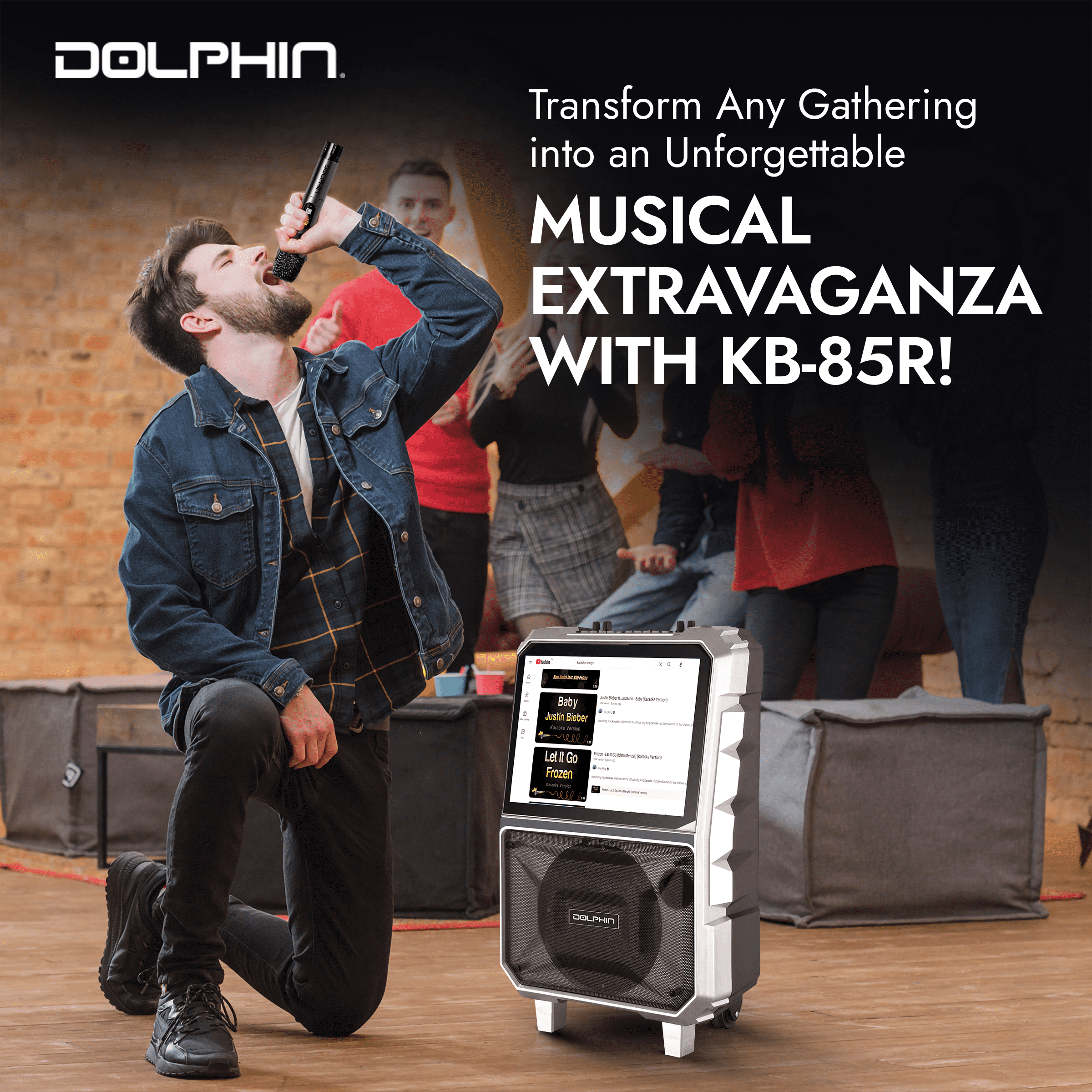 Dolphin Audio KB-85R Bluetooth Portable Karaoke Speaker with 14.1-In. Touch Screen and Wireless Microphone, KB-85R