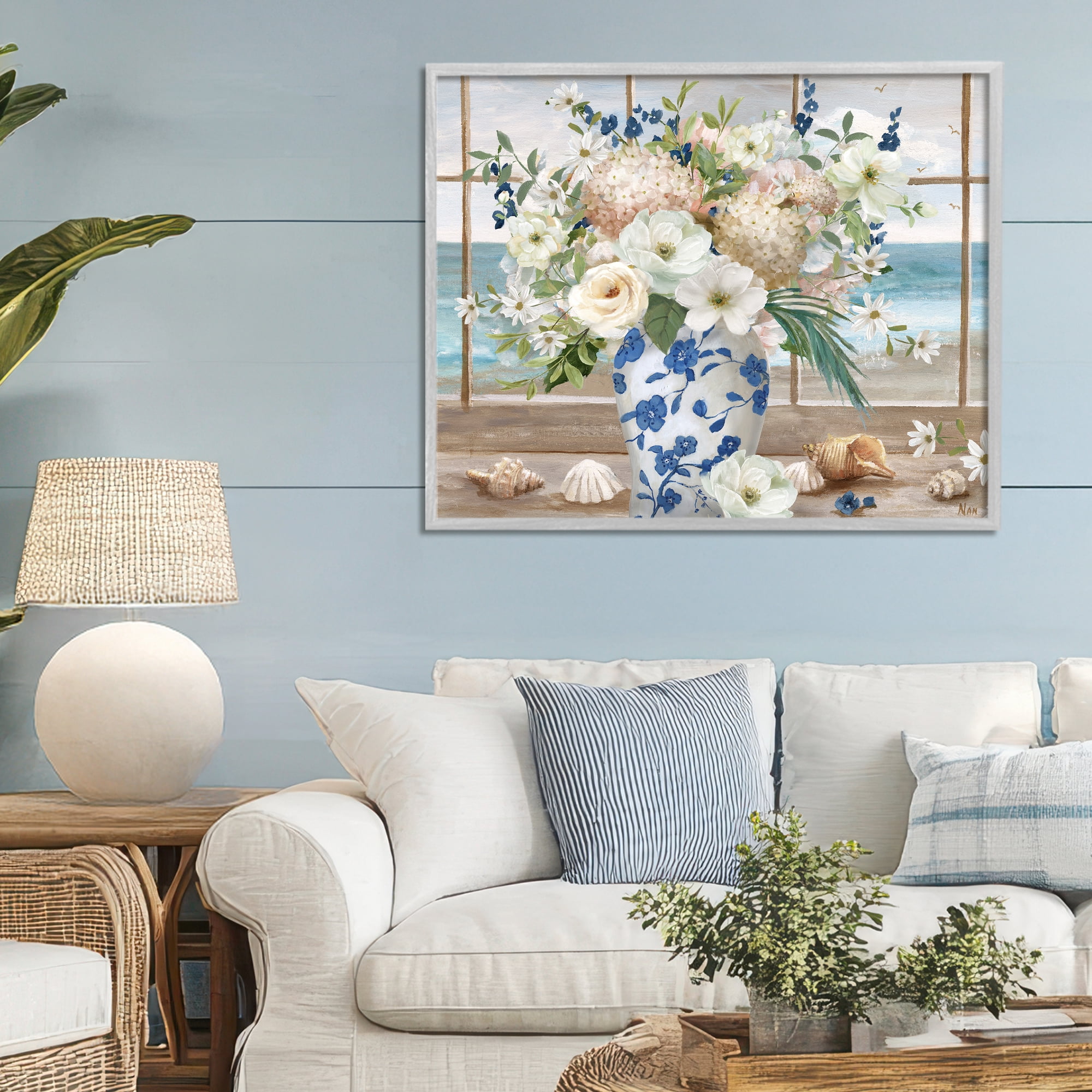 Stupell Industries Seashells & Flowers Windowsill Gray Framed Giclee Art, design by Nan