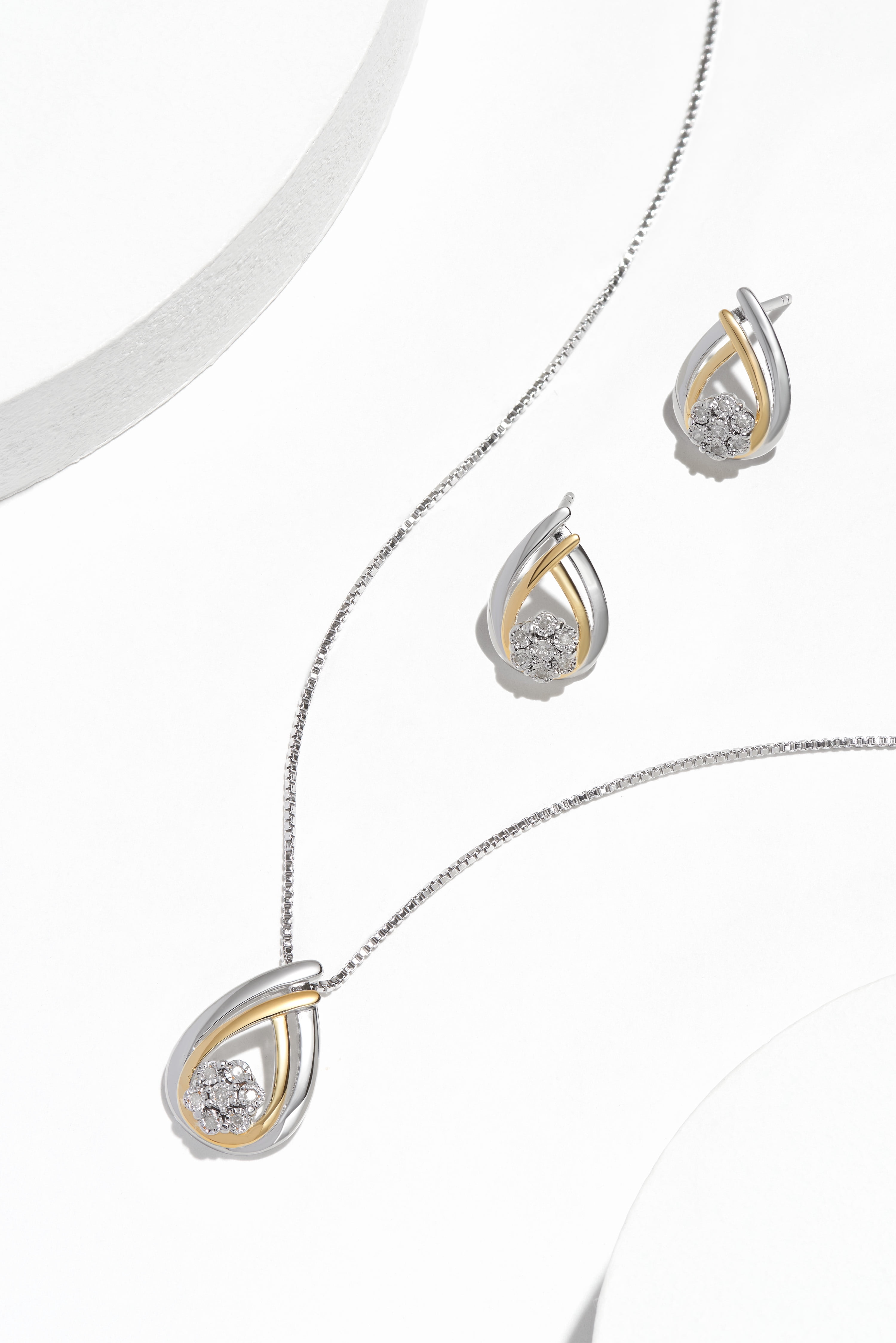 Forever Facets 1/10 cttw Diamond Teardrop Earring and Pendant Set in Two-Tone Sterling Silver, Adult Female
