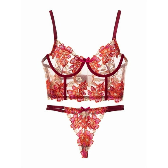 Red Floral Embroidery Bustier Straps Lingerie Set (RED, S)