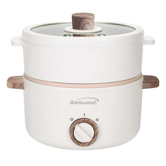Brentwood 1.6-Qt. Multi-Function Electric Hot Pot Cooker with Stainless Steel Food Steamer and Ceramic Non-Stick Coating, White