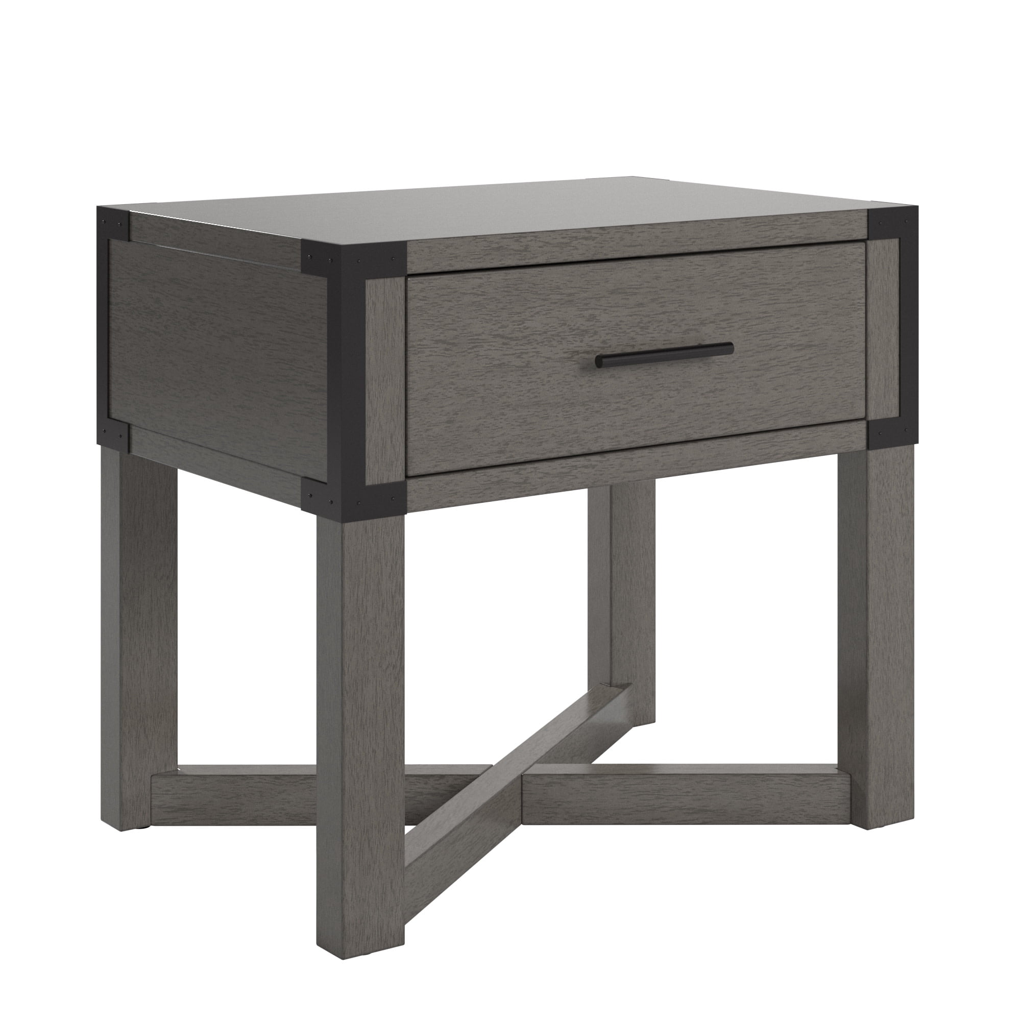 Weston Home Lompoc Wood Finish X-Base End Table with Drawer, Antique Gray