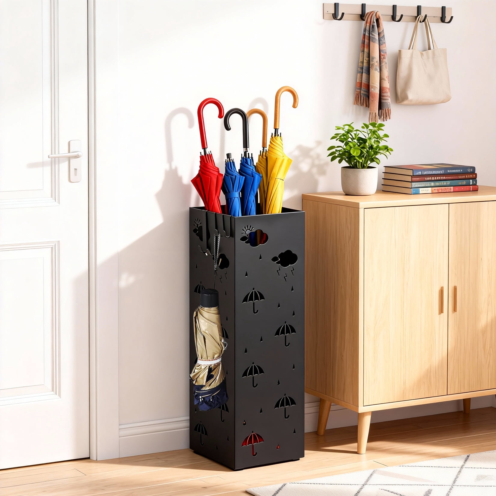 Garvee Metal Umbrella Stand for Entryway, Square Umbrella Holder with Removable Drip Tray and 4 Hooks, Heavy Duty Steel Umbrella Rack for Office, Home and Gift Wrap Tubes