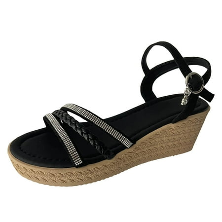 

Thick Soled Platform Wedge Sandals For Women Summer Fairy Style One Word Roman Sandals With Rhinestones