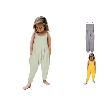 VOUZZA Baby Rompers Girl Girls Solid Strap Romper Summer Backless Playsuit Pocket Girls Jumpsuit Toddler Kids Sleeveless One Piece Bodysuit Sunsuit