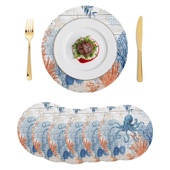 Round Placemats Octopus Coastal 15 inch Set of 6 Table Mats for Dining Table Farmhouse Ocean Beach Corals Wooden Heat Resistant Non-Slip Kitchen & Home Decorative Place Mat Set