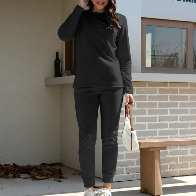 TINZ Femmes Automne et Hiver Confortable Décontracté Couleur Unie Col Rond Manches Longues Plus Chandail de Base Mi-Long Taille Élastique Pantalon Épaissi sous-Vêtement Thermique Haut pour Femmes Grande Taille
