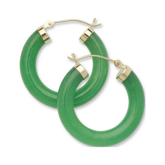 Jewelryweb Solid 14k Yellow Gold Green Dyed Jade Tube Hoop Earrings (4mm X 26mm) Hoop Earring for Women