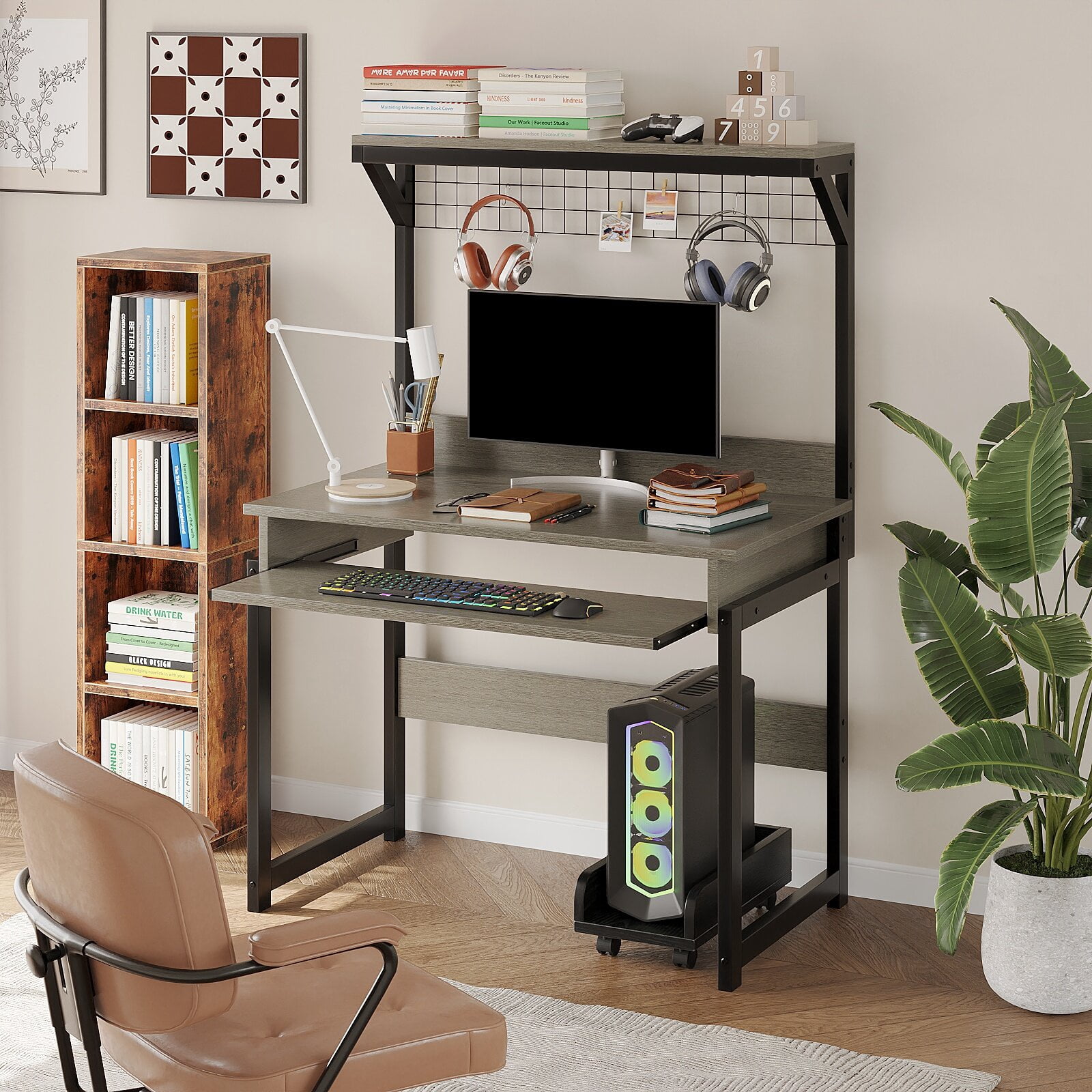 MIN EN WIN Retro Computer Desk with Storage Shelf and Keyboard Tray, Industrial Style Gaming Desk for Home Office, Gray Oak