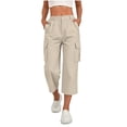 thumbnail image 3 of Fnooota Women's Cargo Capri Pants, Casual Side Split Elastic Waist Stretchy Fall Cropped Work Trousers Beige Size S-2XL, 3 of 7