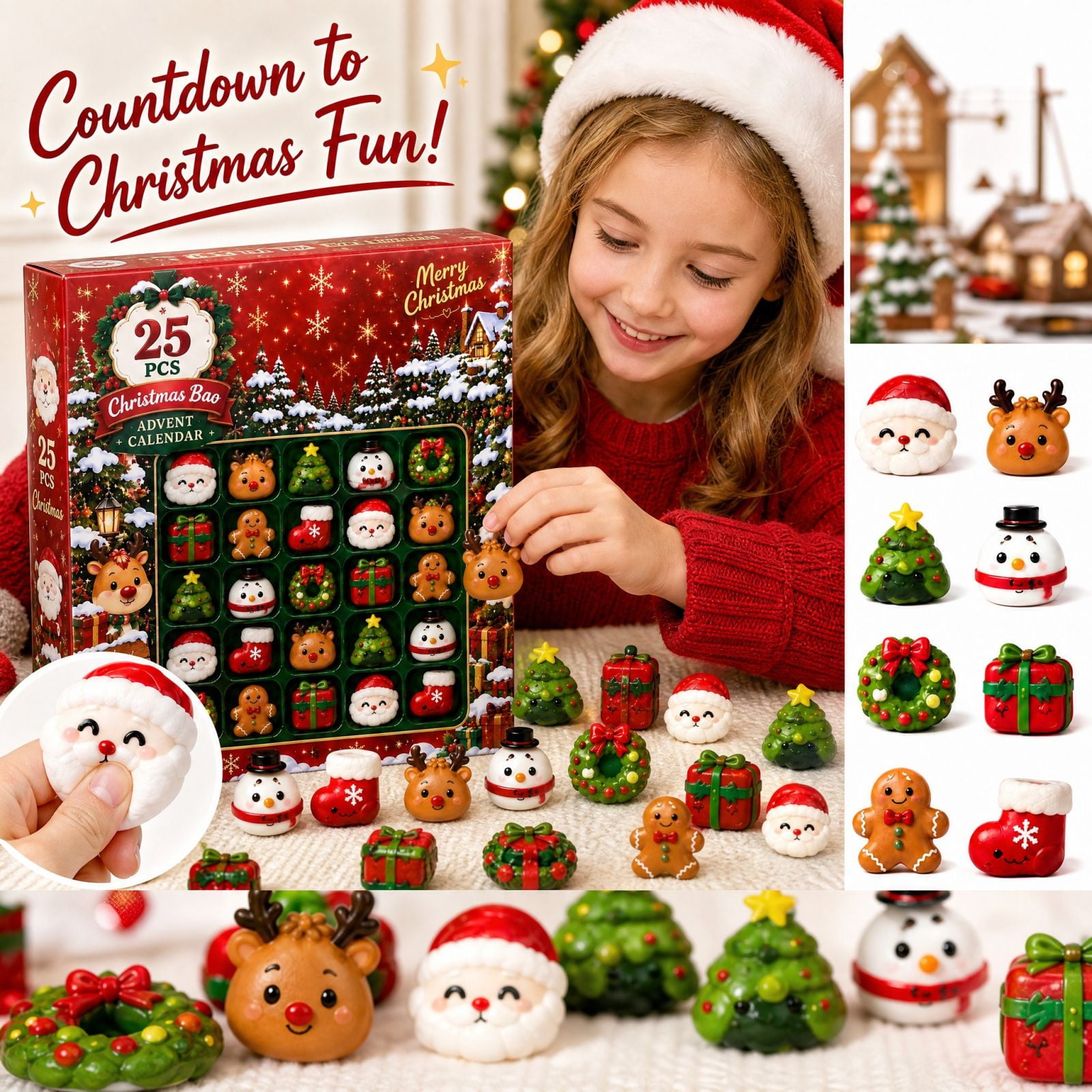 Christmas Squishy Advent Calendar with Mini Squeeze Toys 25 Pieces Multicolor Holiday Characters for Kids Sensory Toy