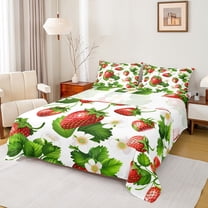 Manfei Sweet Strawberry Twin Sheet Sets,Rustic Flower Floral Twin Fitted Sheet,Red Green White Flat Sheet For Kids,Microfiber Bedroom Decor,3pcs