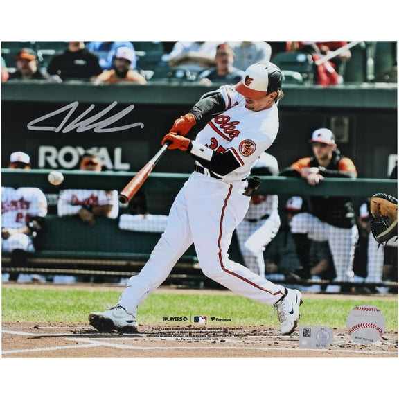 Adley Rutschman Baltimore Orioles Autographed 8" x 10" White Jersey Hitting Photograph - Fanatics Authentic Certified