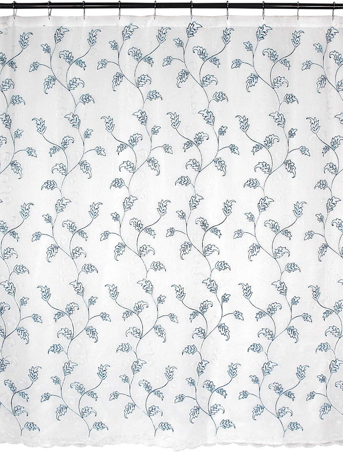 Serafina Home Decorative Sheer Fabric Shower Curtain: Two Toned Teal and White Embroidered Leaves with Metallic Threading (White/Teal) 70 x 72
