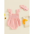 thumbnail image 5 of Musuos Baby Girl 2Pcs Summer Outfits 0-18Months Fly Sleeve Plaid Print Smocked Romper with Headband Set Newborn Clothes, 5 of 10