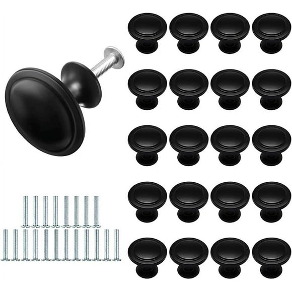 20 Pièces Noir Mat Tiroir de Porte Poignée, Poignées de Tiroir, Boutons de Tiroir, Poignées de Meubles, 27mm Bouton de Meubles, Unique Trou Rond Boutons de Tiroir, pour Placard Armoire Cuisine