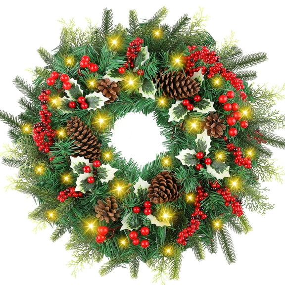 AGIRL Christmas Wreath, 22" 30 LED Handcrafted Artificial Christmas Wreath with Red Berries for Front Door Outdoor Indoor Home