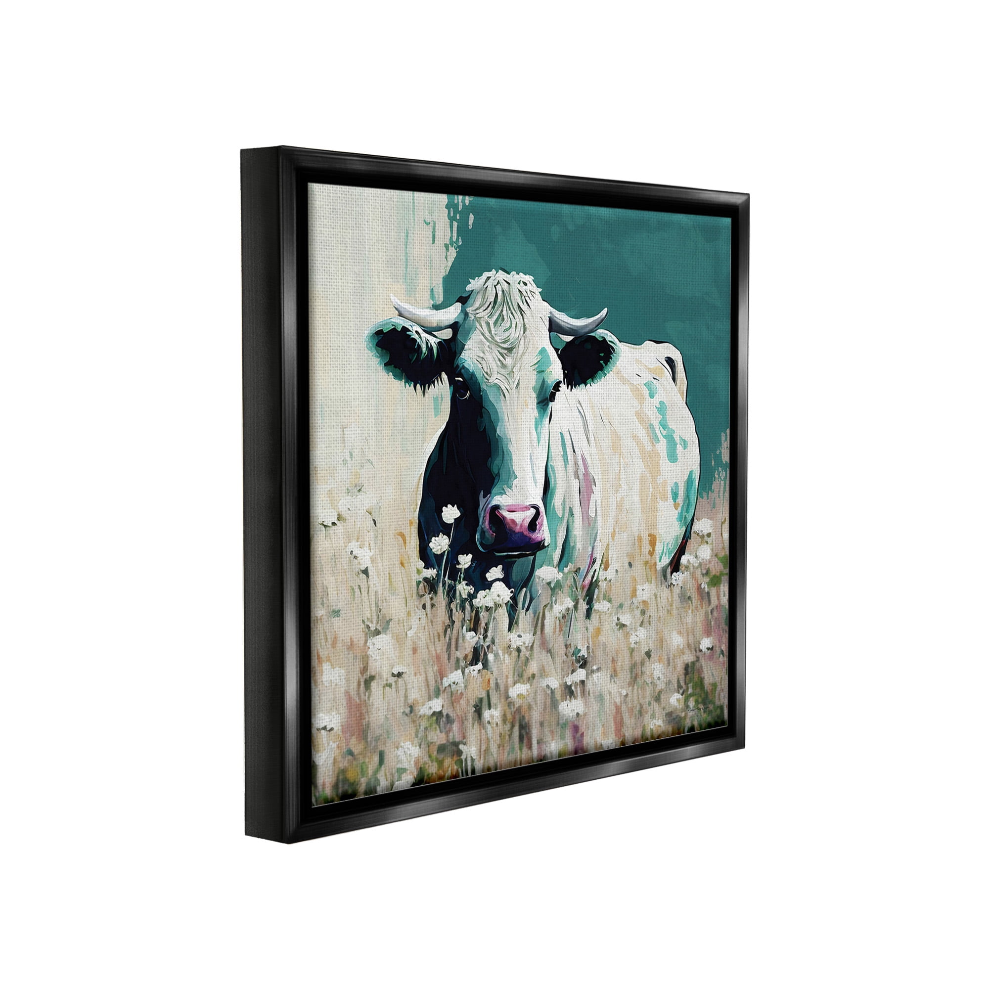 Stupell Industries Modern Cow in Meadow Animals & Insects Painting Black Floater Framed Canvas Art Print Wall Art, 25 x 25
