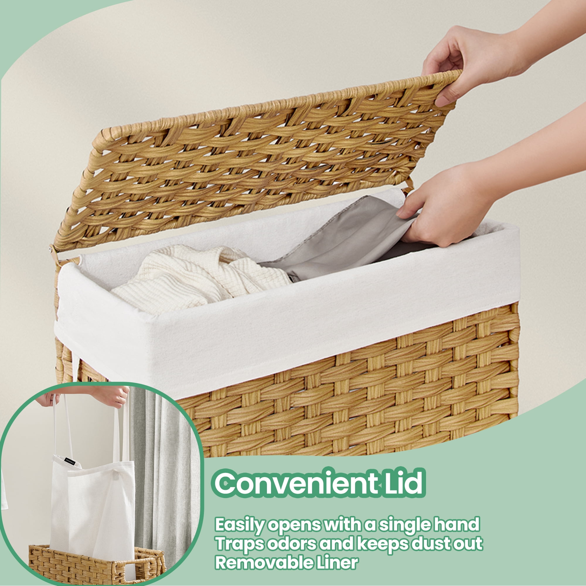 LEDREM Foldable Rattan Laundry Hamper with Removable Liner & Lid - 14.5 Gallon (55L) Storage, Space-Saving Design, Handles for Easy Carry, Waterproof & Ventilated, Goose Yellow