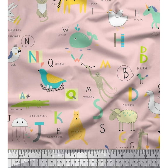 Soimoi Satin Silk Fabric Alphabets,Birds & Animals Kids Print Fabric by the Yard 42 Inch Wide