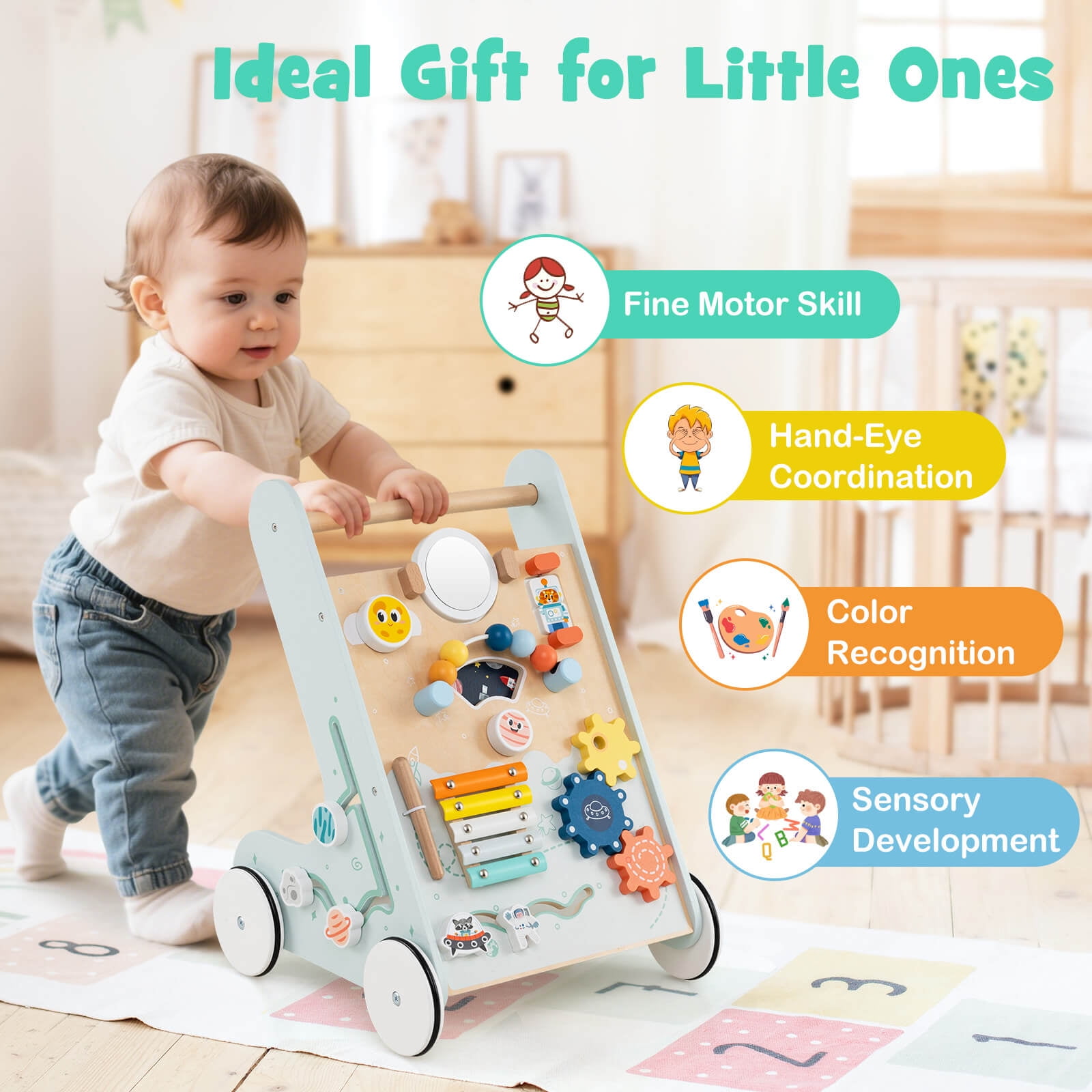 Infans Wooden Baby Walker Push and Pull Learning Activity Center with Wheels Push Toy
