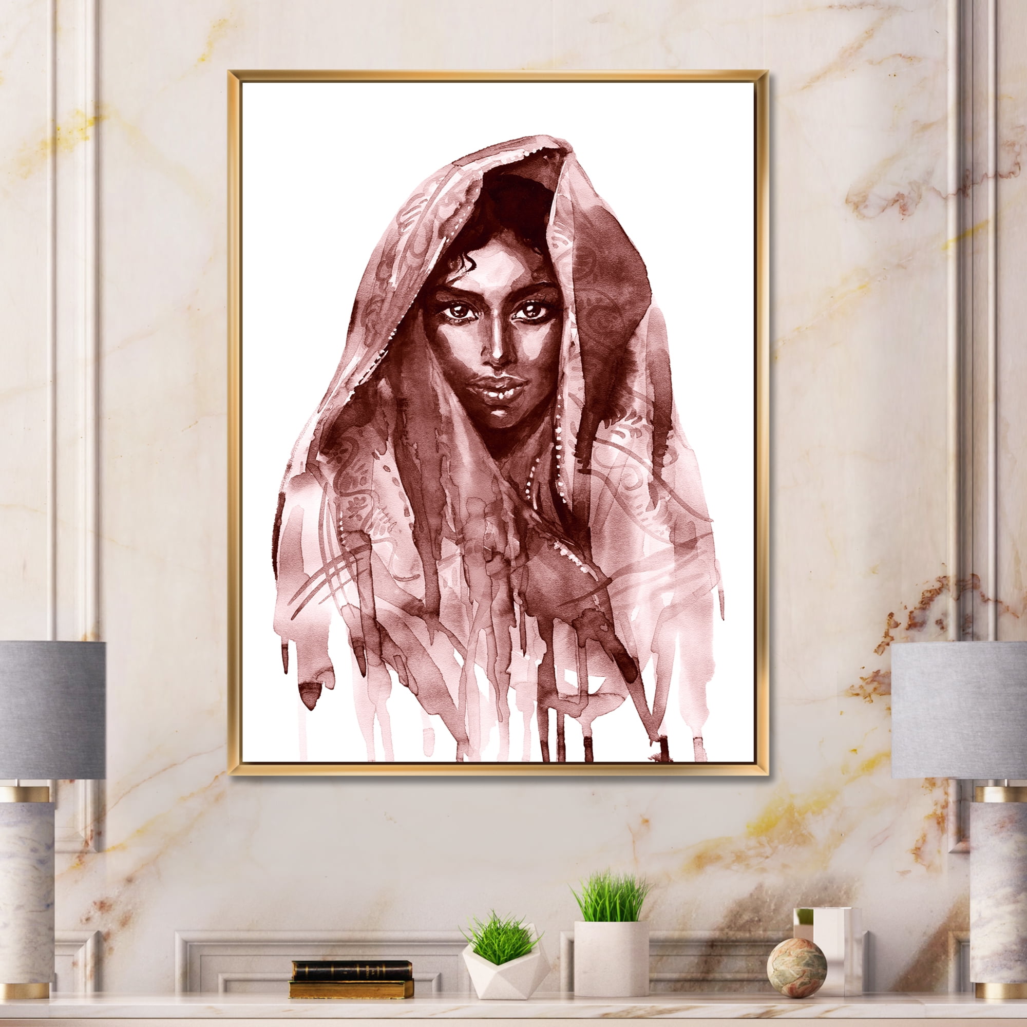 Designart 'Black and White Portrait of Young Indian Woman II' Modern Framed Canvas Wall Art Print