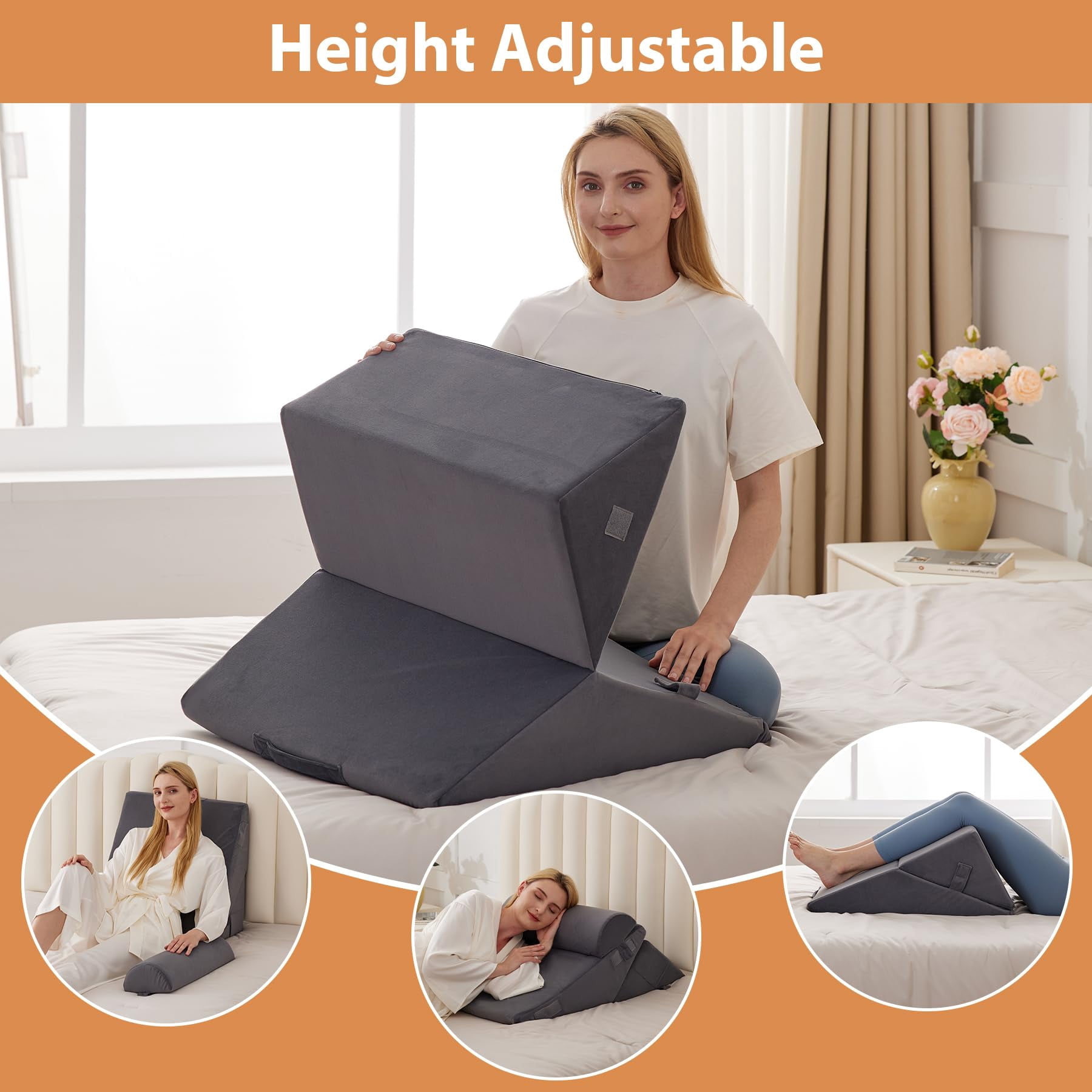 3pcs Wedge Pillow For Acid Reflux  Adjustable Headboard Bed Wedges Sleeping Support Pillows Sitting Up Plush Grey