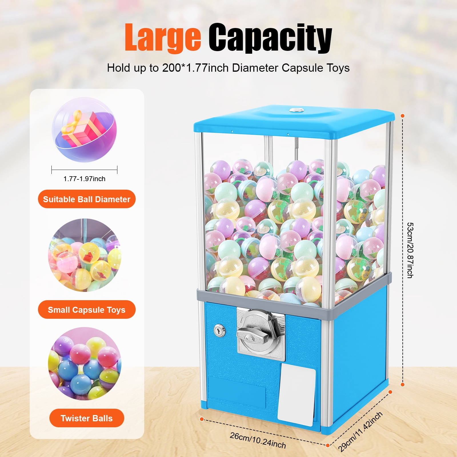 Wildnix Bright Blue Vending Machine, Large Capacity for 200 Capsule Toys, Colorful Twister Balls, Secure Coin Bank with Lock, No Installation Required