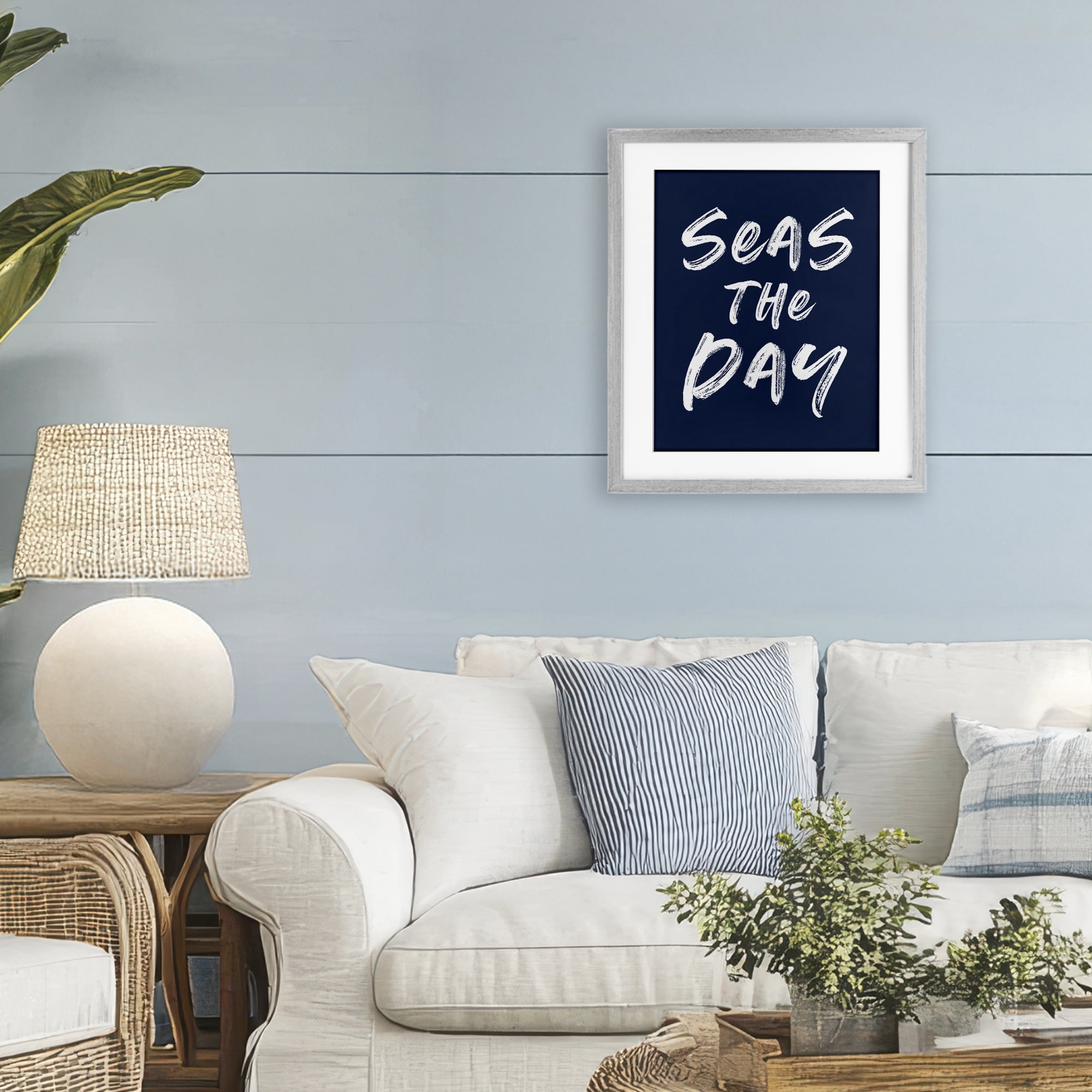 Seas The Day Sentiment Gray Framed Print Under Glass, design by Lettered and Lined