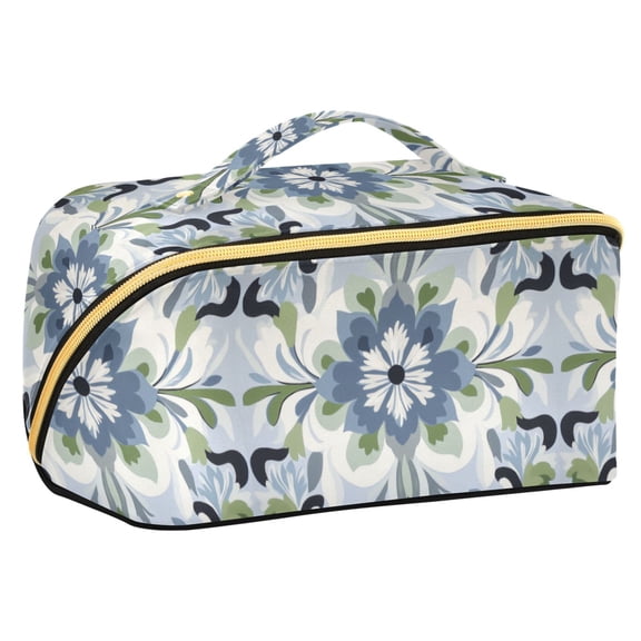 FORMRS Makeup Bag Travel Cosmetic Organizer for Women Fold Flat Zipper Pouch with Handle, Green Floral