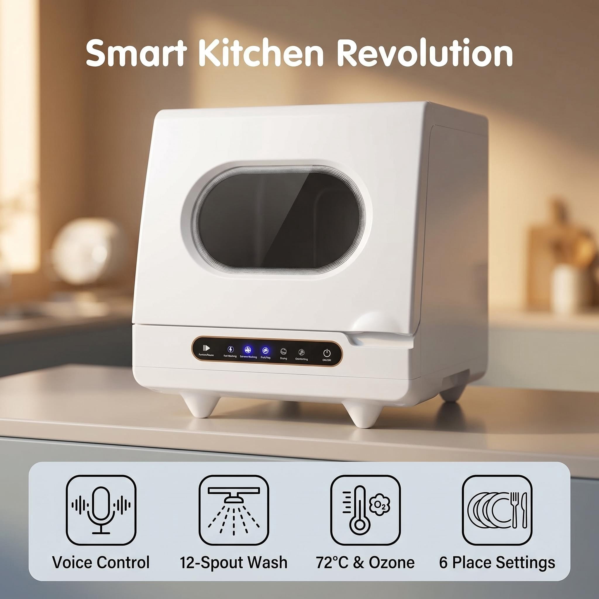 FUNGQI 1200W Portable Countertop Dishwasher with Voice Control, Mini Tabletop Dishwashing Machine with 12 Spray Outlets, 72℃ High-Temp Wash, Ozone Sterilization for Apartments RVs, White