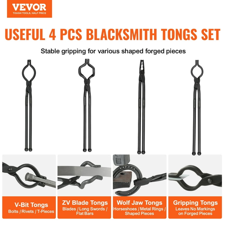 BENTISM Blacksmith Tongs, 18” 4 PCS, V-Bit Bolt Tongs, Wolf Jaw Tongs, Z  V-Bit Tongs and Gripping Tongs, Carbon Steel Forge Tongs with A3 Steel  Rivets, for Beginner and Seasoned Blacksmiths 