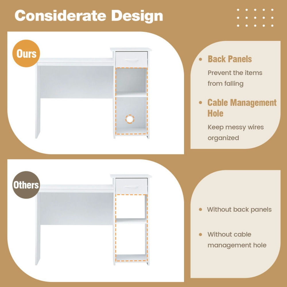 Demi Bonn Computer Desk with Drawer Modern Laptop PC Desk with Adjustable Shelf and Cable Hole, Small Home Office Desk Study Writing Table, White