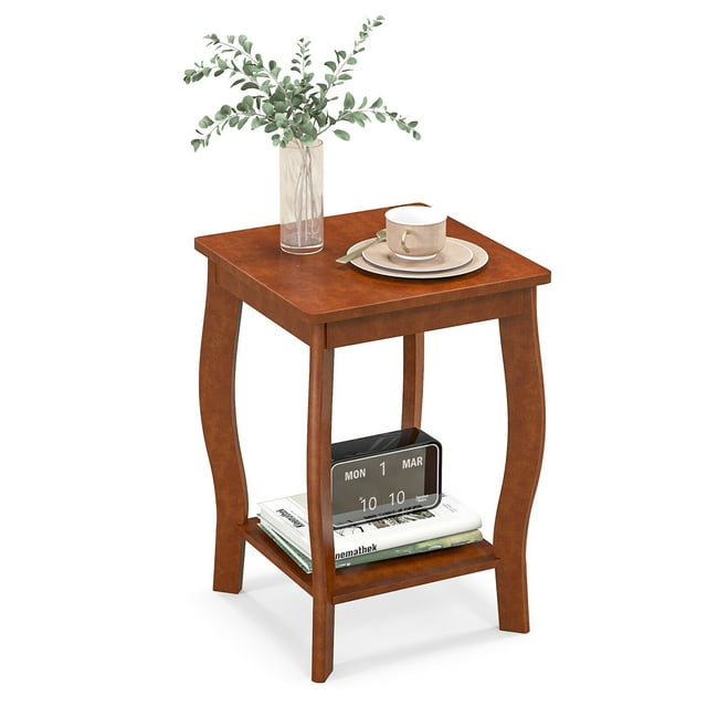 Gymax 2-Tier Square End Table Narrow Sofa Side Nightstand w/ Storage Shelf & Wood Legs