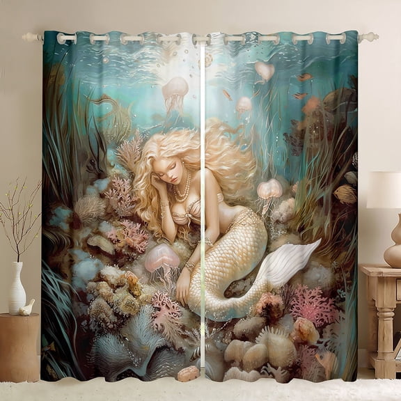 Erosebridal Mermaid Princess Curtains Pack of 2 (38x45), Ocean Coral 30%-50% Blackout Curtains for Bedroom, Dreamy Jellyfish 30%-50% Black Out Curtains, Window Drapes Bedroom Decorative
