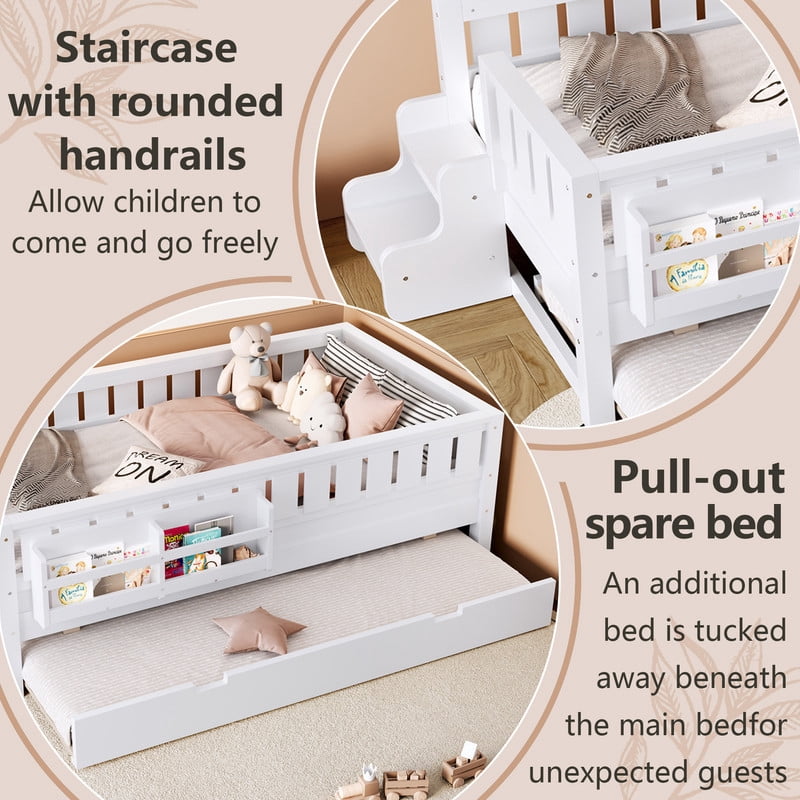 Twin Size Low-Profile Kid's Platform Bed with Built-in Bookshelves & Small Staircase, Wooden Bed Frame with Safety Rails & Trundle
