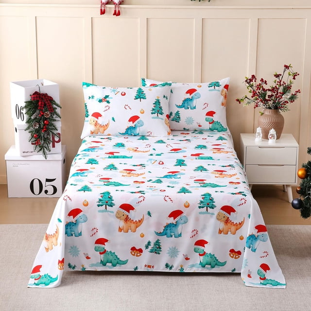 Juego de sábanas JSD Dinosaur Kids Christmas, tamaño completo, 4 piezas