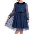 thumbnail image 2 of Sunny Fashion Girls' Long Sheer Sleeve Peter Pan Collar Plaid Mesh Blue Dress (Big Girls), 2 of 8