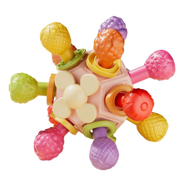 Sonajeros ,Juguetes para bebés meses Pelotas sensoriales para bebés,Juguetes para masticar,juguete sonajero con bola para la dentición, Actividades de agarre Rosa