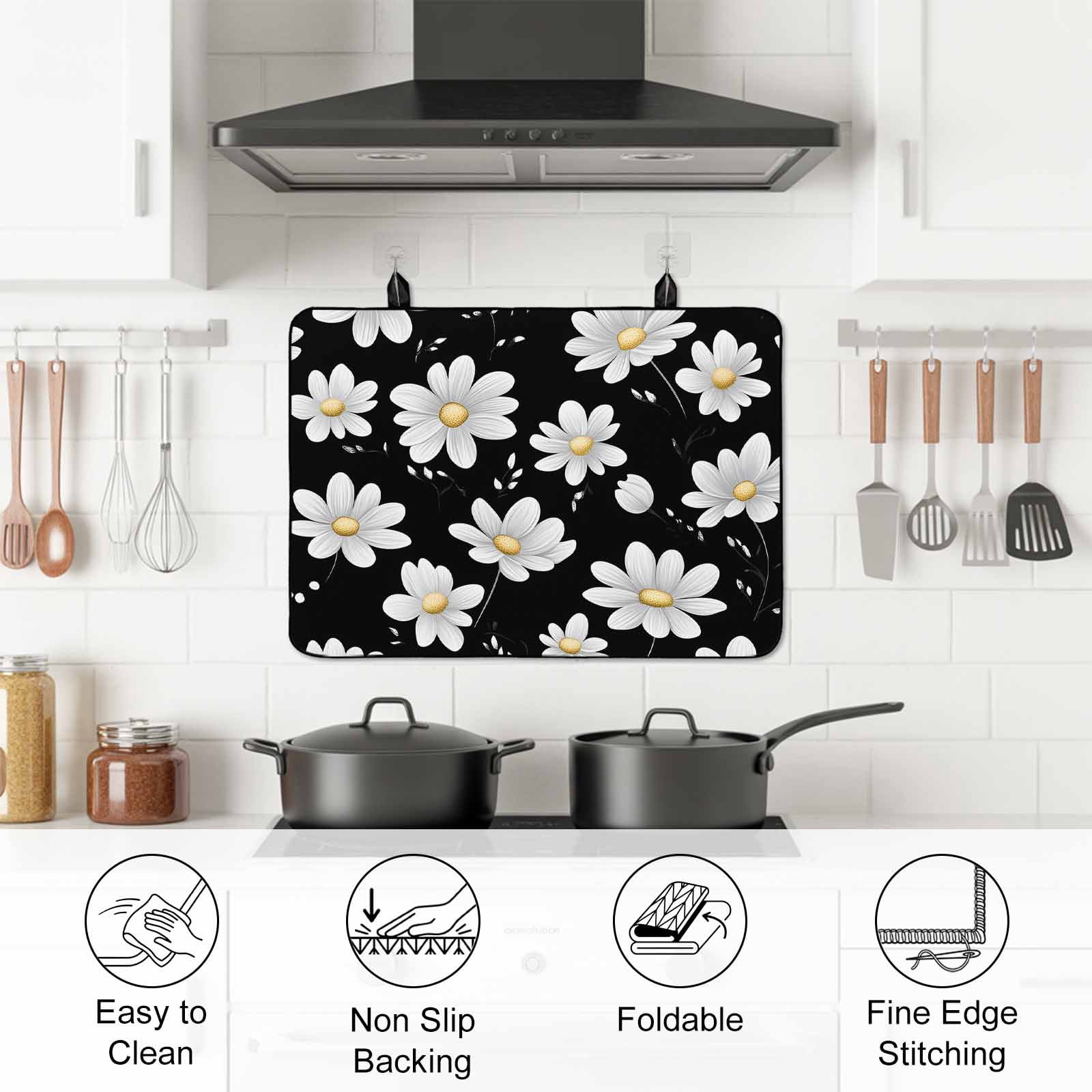 White Daisy Floral Stove Top Cover for Electric Stove, Heat-proof & Non Slip Glass Top Stove Cover Protector, Spring Summer Flowers Black Kitchen Flat Cooktop Rubber Mat 24x21 Inches