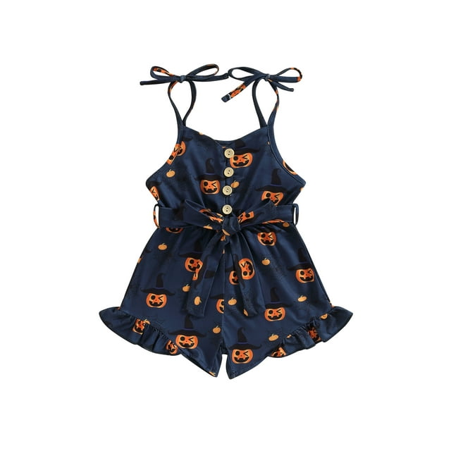 xiaxaixu Barboteuse pour Bébé Fille Sans Manches à Imprimé Citrouille Combinaison Ceinturée Short Combinaison Boutonnée