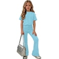 thumbnail image 6 of biudgviw Girls Clothes 2 Piece Outfits Summer Crewneck Short Sleeve T Shirts with Flare Pants Casual Clothing Set 5-15 Years, 6 of 7