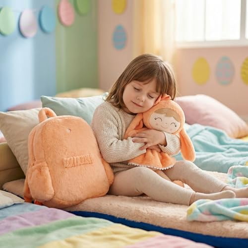 Gloveleya Toddler Doll Baby Girl Gift Bunny Pocket Diaper Pocket Rabbit Doll Orange Flocking 11inches