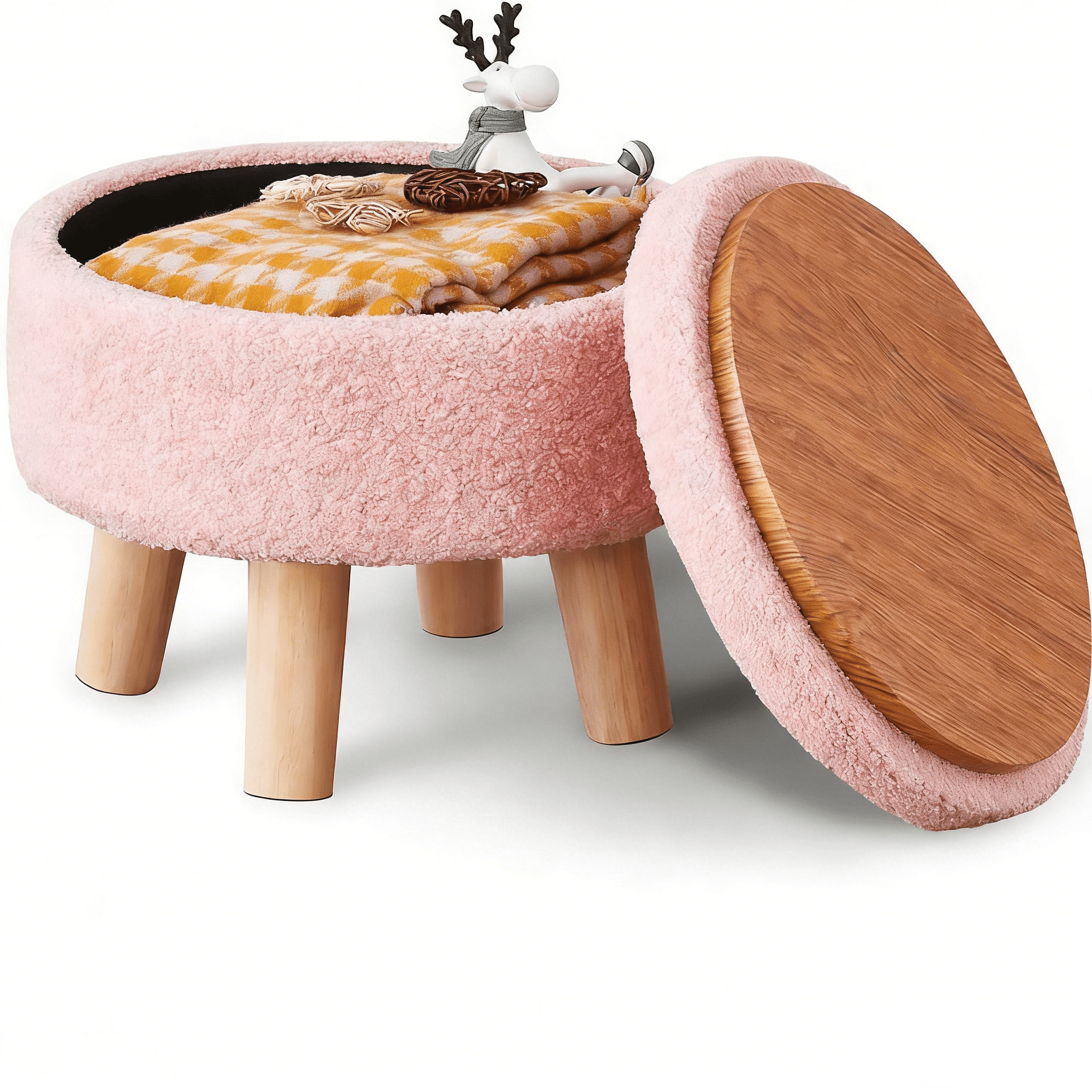 ZUNMOS Storage Ottoman - Modern Round Teddy Velvet Footrest with Soft Padded Seat, Wood Legs, Accent Small Table & Plant Stand for Hallway, Living Room, Pink