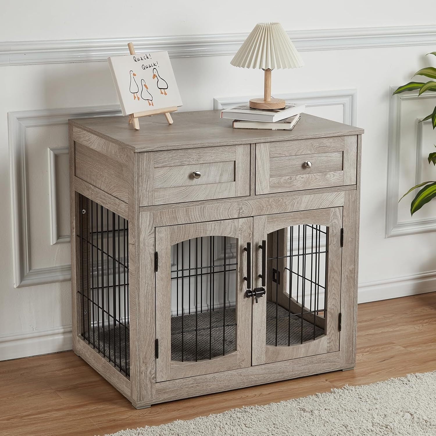 Emorefun Wooden Dog Crate Furniture, 40" Heavy Duty Dog Kennel with Cushion & Drawers for Indoor, Gray