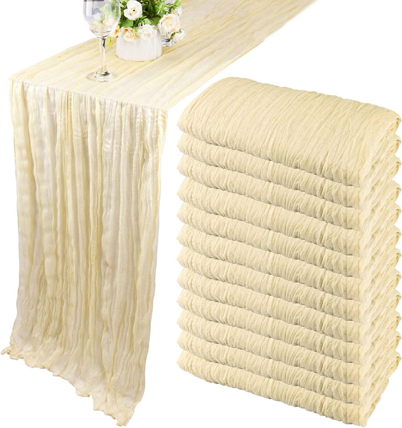 Wehilion 12PCS Cheesecloth Table Runner Boho Gauze Table Runner Cheese Cloth Long Table Runner Rustic Table Runner for Wedding Bridal Shower Birthday Party Table Decor