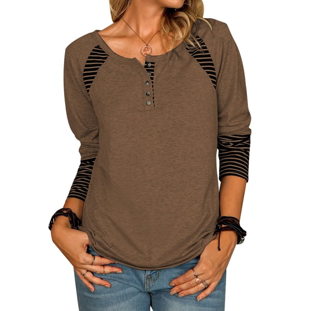 Moda mujer camisa a rayas cuello redondo manga larga abotonado blusa casual túnica tops Abanopi Café/3X-grande