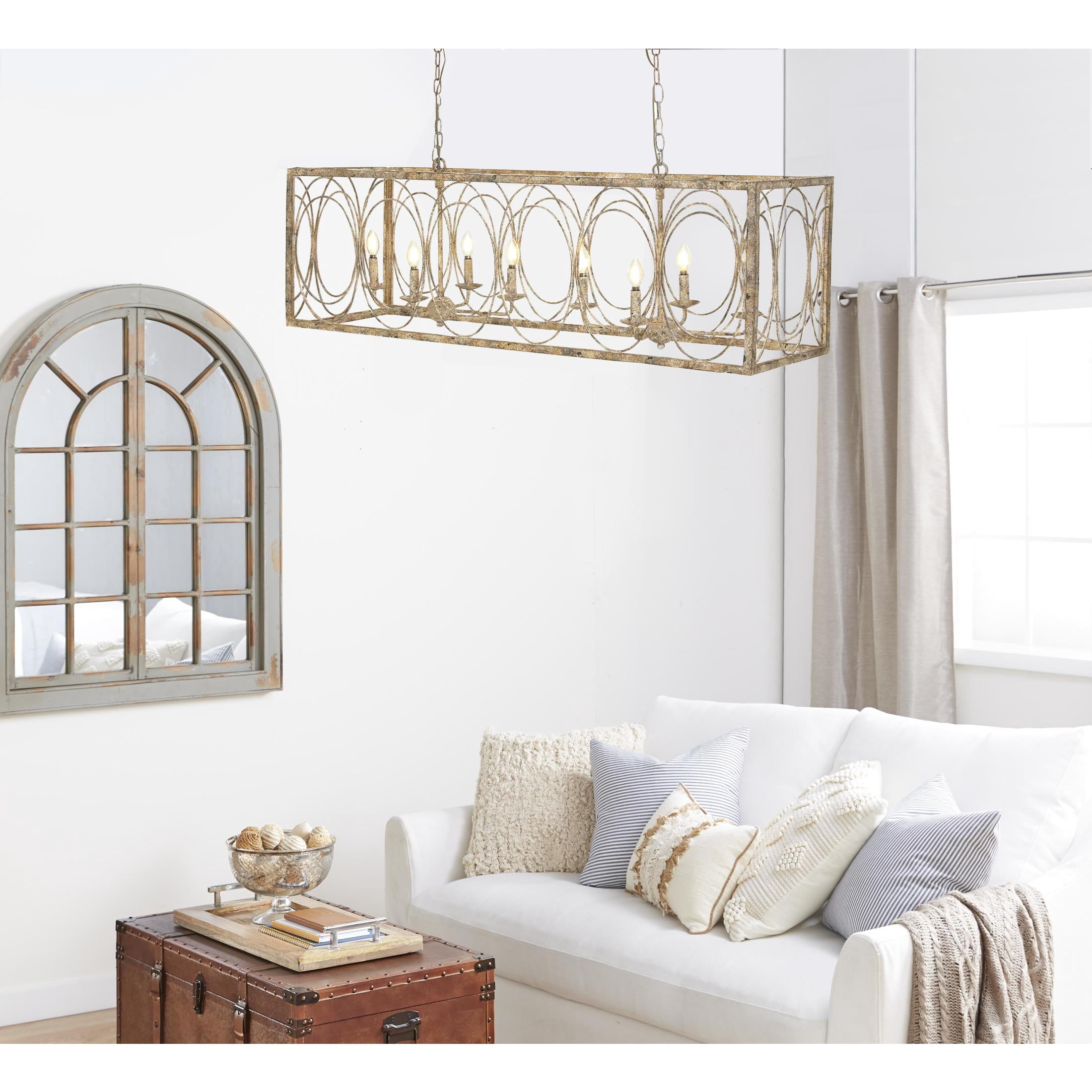 DecMode 48" x 18" Gold Metal Distressed Caged 8 Light Chandelier with Link Style Chain, 1-Piece