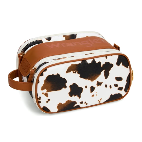 Wrangler Western Travel Makeup Bag Portable Large Cosmetic Organizer with Handle, Cow-Brown